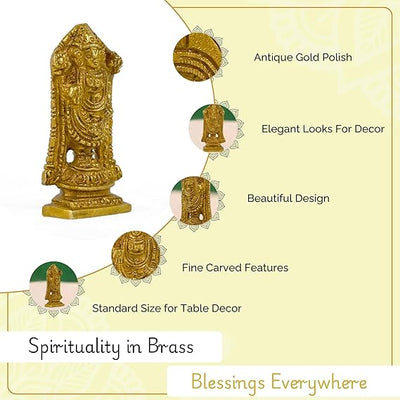 Antique brass statue of Tirupati Balaji, measuring 4 x 4 x 8 cm, handcrafted using traditional sand casting techniques, ideal for home decor and altars.