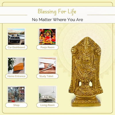 Antique brass statue of Tirupati Balaji, measuring 4 x 4 x 8 cm, handcrafted using traditional sand casting techniques, ideal for home decor and altars.