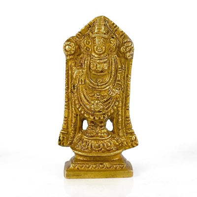 Antique brass statue of Tirupati Balaji, measuring 4 x 4 x 8 cm, handcrafted using traditional sand casting techniques, ideal for home decor and altars.