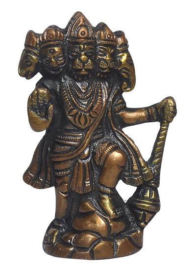 Handmade antique brass statue of Panchmukhi Hanuman, showcasing intricate details, ideal for home decor and spiritual practice.