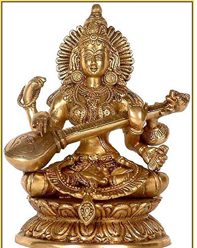 Handcrafted Astadhatu Saraswati idol, depicting the goddess seated gracefully, intricately detailed, made from a sacred alloy of eight metals.