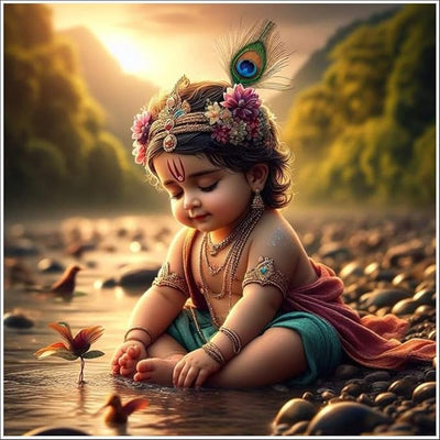 Baby Krishna wall poster depicting the beloved Hindu deity playing with a lotus flower, showcasing vibrant colors and intricate details.