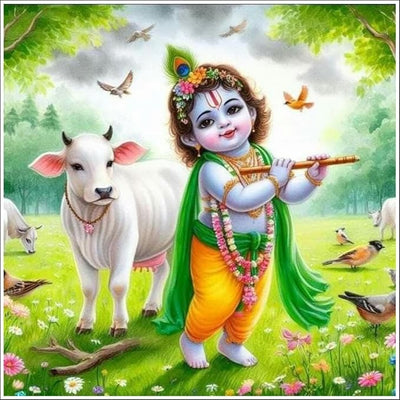 Baby Krishna wall poster featuring the beloved Hindu deity playing with a pink lotus flower, showcasing vibrant colors and intricate details.
