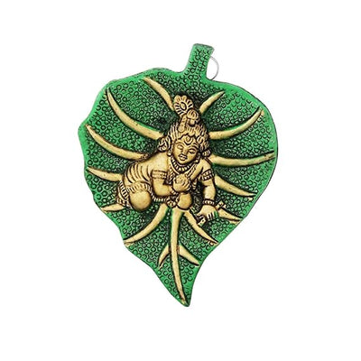 Metal Bal Krishna Leaf Wall Hanging, intricately designed to symbolize childhood innocence, ideal for home decor or altar display.