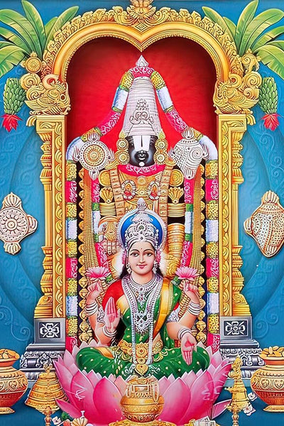Vinyl sticker of Lord Venkateswara Swamy with Mata Laxmi, showcasing vibrant colors and intricate details, ideal for enhancing home decor.