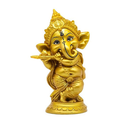 Handcrafted Ganesha statue playing a Bansuri with an integrated tealight holder, measuring 16 x 19 x 7 cm and weighing 250g. A symbol of spirituality and artistry.