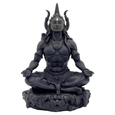 Handcrafted Black Adiyogi Shiva statue made of durable resin, showcasing intricate details, ideal for home decor and spiritual spaces.