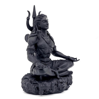 Handcrafted Black Adiyogi Shiva statue made of durable resin, showcasing intricate details, ideal for home decor and spiritual spaces.