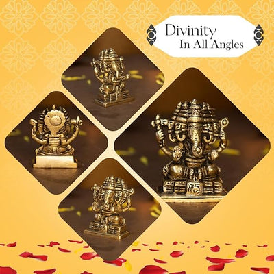 "Handmade brass Ganesha idol measuring 6 cm x 3 cm x 7 cm, symbolizing wisdom and prosperity, ideal for home decor and altars."