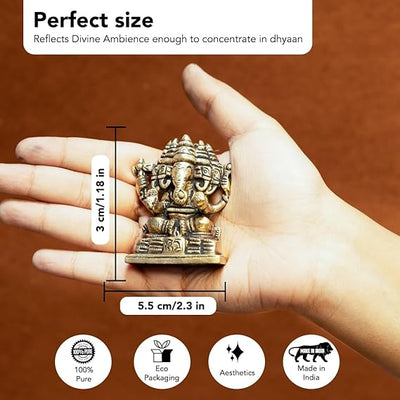 "Handmade brass Ganesha idol measuring 6 cm x 3 cm x 7 cm, symbolizing wisdom and prosperity, ideal for home decor and altars."