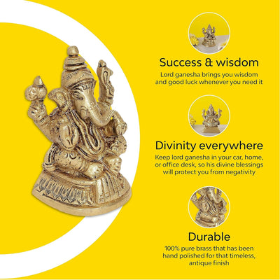 Handcrafted brass Ganesha idol, 4.4L x 4W x 7.6H cm, symbolizing prosperity and wisdom, ideal for altars and home décor.
