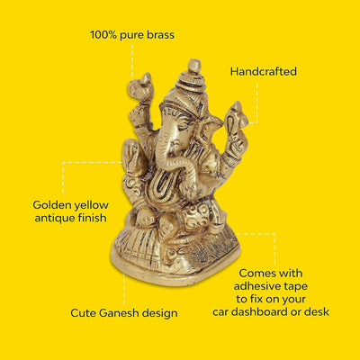 Handcrafted brass Ganesha idol, 4.4L x 4W x 7.6H cm, symbolizing prosperity and wisdom, ideal for altars and home décor.