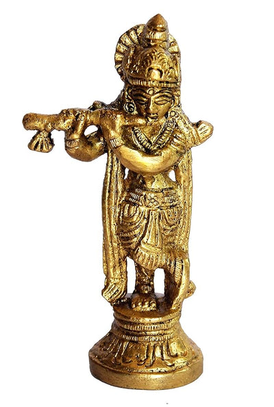 Exquisite brass Krishna Murti depicting the playful spirit of Lord Krishna, handcrafted and designed for home decor and spiritual significance.