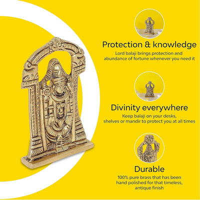 Handcrafted 100% brass Lord Balaji idol, measuring 7 x 1.5 x 9.75 cm, showcasing intricate details and a warm golden finish, ideal for home altars.