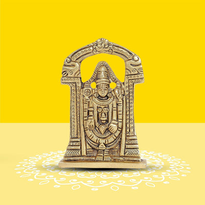 Handcrafted 100% brass Lord Balaji idol, measuring 7 x 1.5 x 9.75 cm, showcasing intricate details and a warm golden finish, ideal for home altars.