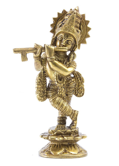 Handcrafted brass Lord Krishna statue, intricately detailed and 14 cm tall, ideal for home decor, altar, or as a thoughtful gift.