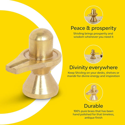 Handcrafted pure brass Shivling idol, symbolizing Lord Shiva's transformative energy, featuring intricate details and a warm golden glow.