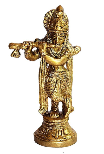 A beautifully crafted brass Murti of Lord Krishna, capturing his playful spirit. The idol is adorned with intricate details and vibrant colors.