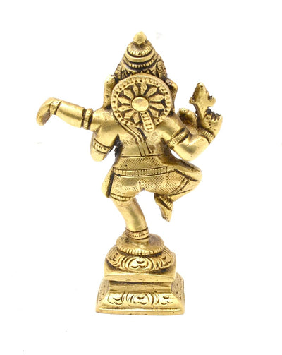 Handmade brass Dancing Ganesha idol, measuring 3.7 x 3.7 x 11.2 cm, symbolizing joy and triumph over obstacles for spiritual decor.