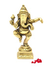 Handmade brass Dancing Ganesha idol, measuring 3.7 x 3.7 x 11.2 cm, symbolizing joy and triumph over obstacles for spiritual decor.