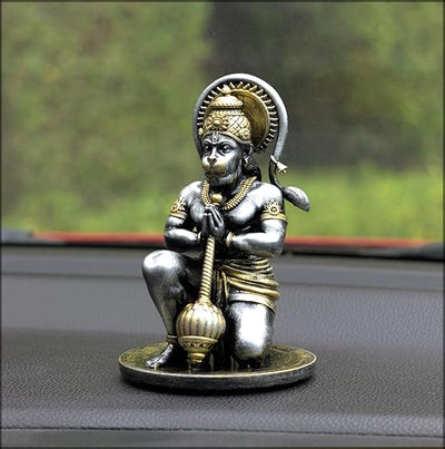 A beautifully crafted resin idol of Lord Hanumanji, showcasing intricate details and vibrant colors, ideal for home altars or car dashboards.