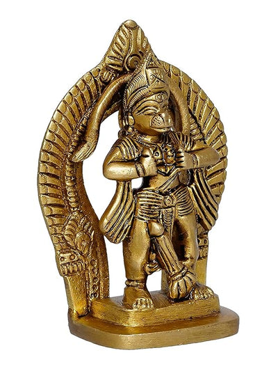 Handmade brass idol of Lord Hanumanji opening his heart to reveal Lord Ram and Sita, showcasing intricate design and craftsmanship