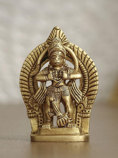 Handmade brass idol of Lord Hanumanji opening his heart to reveal Lord Ram and Sita, showcasing intricate design and craftsmanship.