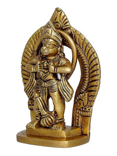 Handmade brass idol of Lord Hanumanji opening his heart to reveal Lord Ram and Sita, showcasing intricate design and craftsmanship.