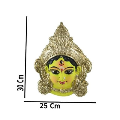 A beautifully crafted Bengali Durga face idol, featuring intricate details, designed for wall hanging, ideal for home decor and spiritual ambiance.