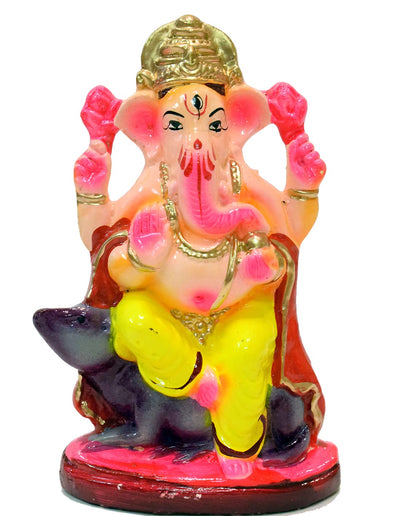 Eco-friendly water-soluble Ganesha idol made from natural clay, perfect for Ganesh Chaturthi celebrations, featuring vibrant colors and traditional design.
