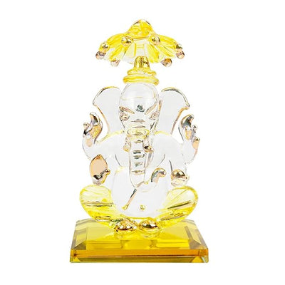 A beautiful handcrafted glass Ganesha idol, measuring 5 cm x 5 cm x 9 cm, ideal for car dashboards or home altars