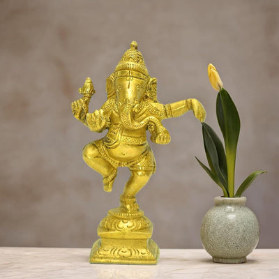 Handmade brass Ganesha idol, measuring 11 cm, beautifully crafted for home decoration and altar use, symbolizing blessings and prosperity in Hinduism.