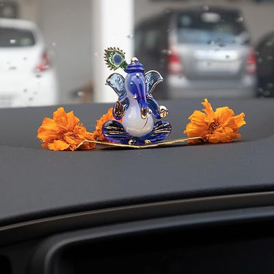 Handcrafted Glass Ganesha Idol, 300 grams, perfect for car dashboard or home altar, measuring 8.5 cm x 6.5 cm x 6.5 cm