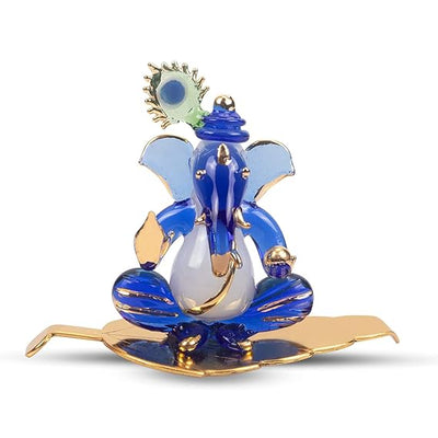 Handcrafted Glass Ganesha Idol, 300 grams, perfect for car dashboard or home altar, measuring 8.5 cm x 6.5 cm x 6.5 cm