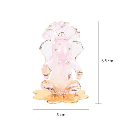 Handmade glass Ganesha idol, 6.5x5x4 cm, ideal for car dashboard or home altar, symbolizing blessings and prosperity.