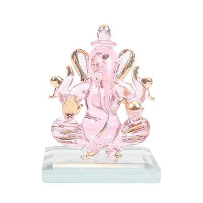 Handcrafted glass Ganesha idol, 6.5x5x5 cm, 300 grams, ideal for car dashboard or home altar, symbolizing wisdom and prosperity.