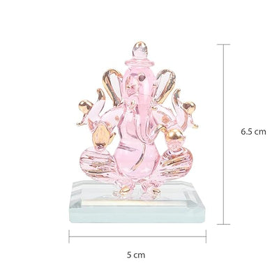 Handcrafted glass Ganesha idol, 6.5x5x5 cm, 300 grams, ideal for car dashboard or home altar, symbolizing wisdom and prosperity.