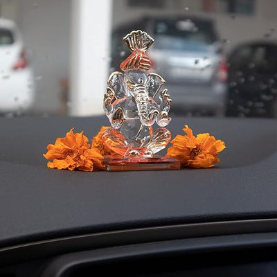 Handcrafted 300g Glass Ganesha Idol, 5cm x 5cm x 9cm, perfect for car dashboard or home décor, showcasing intricate details and spiritual charm.