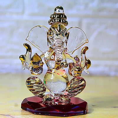 Handmade glass Ganesha statue, 8x5 cm, perfect for car dashboard or home altar. Symbolizes wisdom, prosperity, and divine blessings.