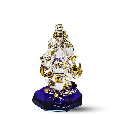 Handcrafted glass Ganesha statue, 8x5 cm, ideal for car dashboard or home altar. Symbolizes wisdom, prosperity, and divine blessings.