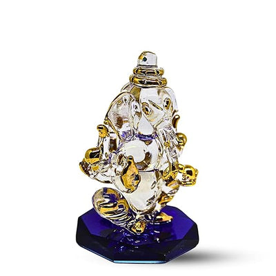 Handcrafted glass Ganesha statue, 8x5 cm, ideal for car dashboard or home altar. Symbolizes wisdom, prosperity, and divine blessings.