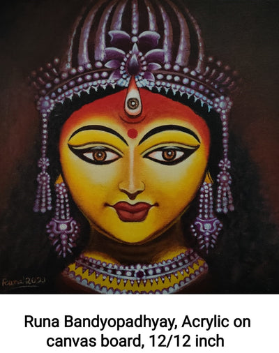Vibrant acrylic painting of Goddess Durga by Runa Bandyopadhyay, depicting the goddess riding a lion and wielding weapons in a colorful, intricate design.