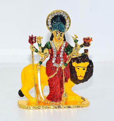Handcrafted brass idol of Goddess Durga Devi, adorned with sparkling stones and 24k gold plating, symbolizing grace and divine protection
