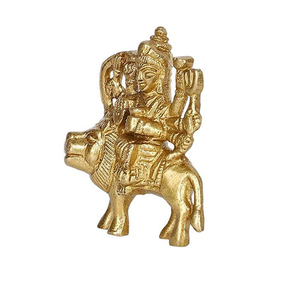 Handmade brass statue of Goddess Durga, intricately crafted and polished, ideal for home altars or car dashboards, symbolizing strength and protection.