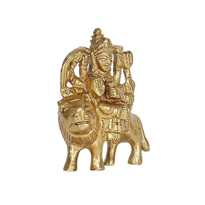 Handmade brass statue of Goddess Durga, intricately crafted and polished, ideal for home altars or car dashboards, symbolizing strength and protection.