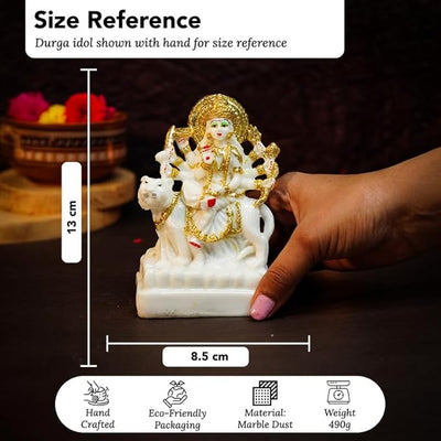 Handmade Goddess Durga marble dust idol, beautifully crafted for home decor, puja rooms, and office desks, embodying strength and spirituality