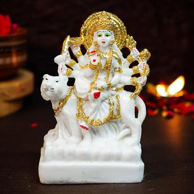 Handmade Goddess Durga marble dust idol, beautifully crafted for home decor, puja rooms, and office desks, embodying strength and spirituality
