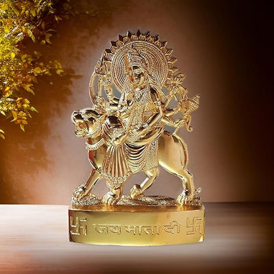 Handcrafted metal statue of Goddess Durga Mata, showcasing intricate detailing and a golden finish, ideal for pooja rooms and spiritual decor