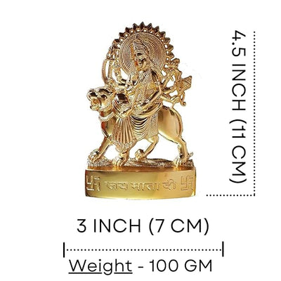Handcrafted metal statue of Goddess Durga Mata, showcasing intricate detailing and a golden finish, ideal for pooja rooms and spiritual decor.