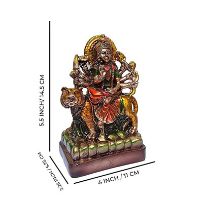 Handmade resin statue of Goddess Durga riding a lion, intricately designed, ideal for home or altar decor, symbolizing strength and divine power
